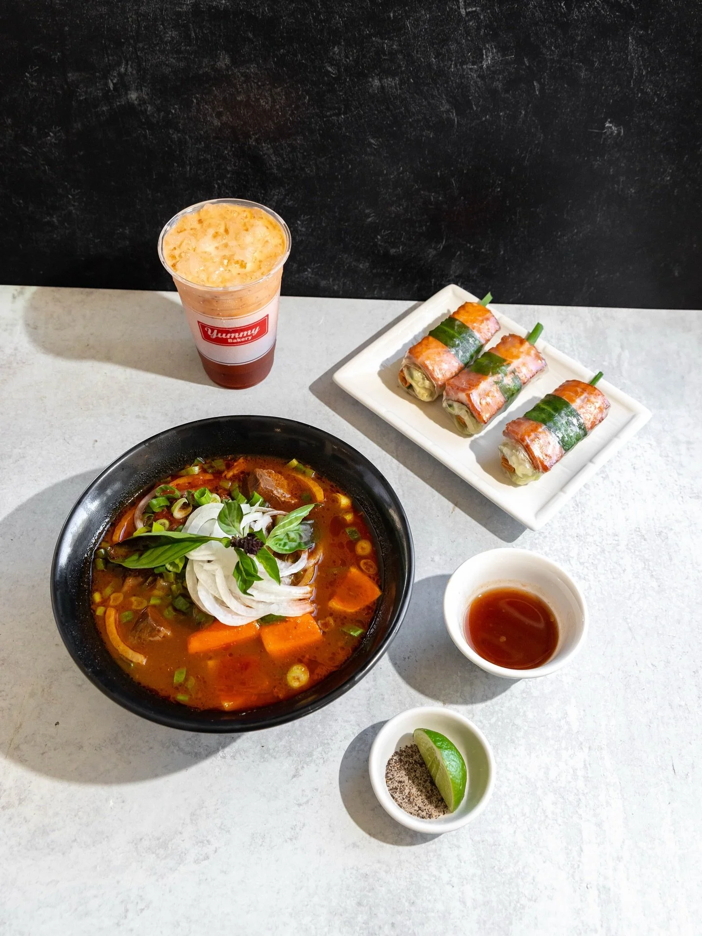 Rich Bò Kho, fresh salmon rolls, and a Thai tea to bring it all together 🥤
Now also available at our sister shop Yummy Bakery in Garden Grove with a free bánh mì bread on the side. Available in the deli case!
Only at 12036 Bro