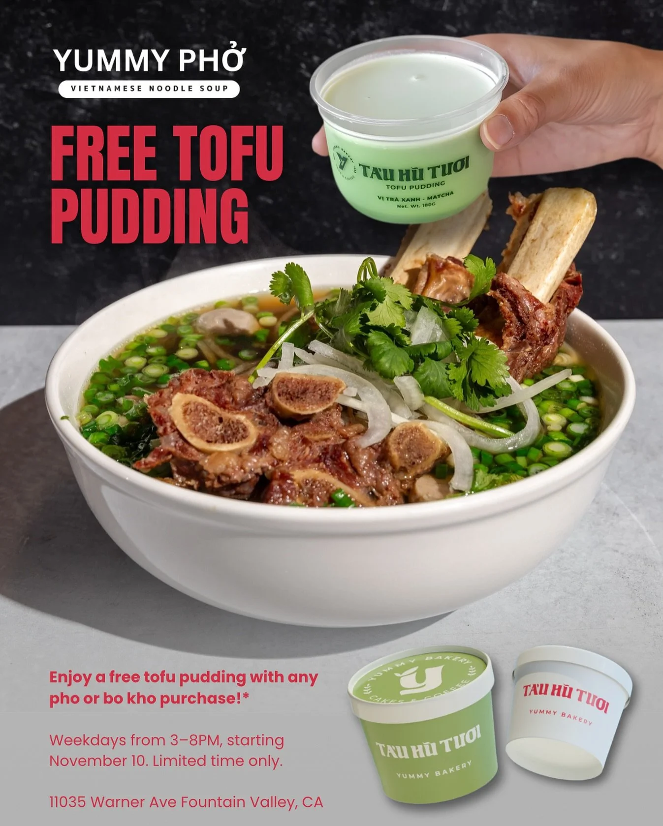 It&rsquo;s soup season 🍲 Order pho or bo kho at Yummy Pho, and get a free tofu pudding for a sweet ending 🍮

Available Mon&ndash;Fri from 3&ndash;8PM now until Nov 24th&mdash;only at our Fountain Valley location!

📍11035 Warner Ave

#ocfood #ocfoo