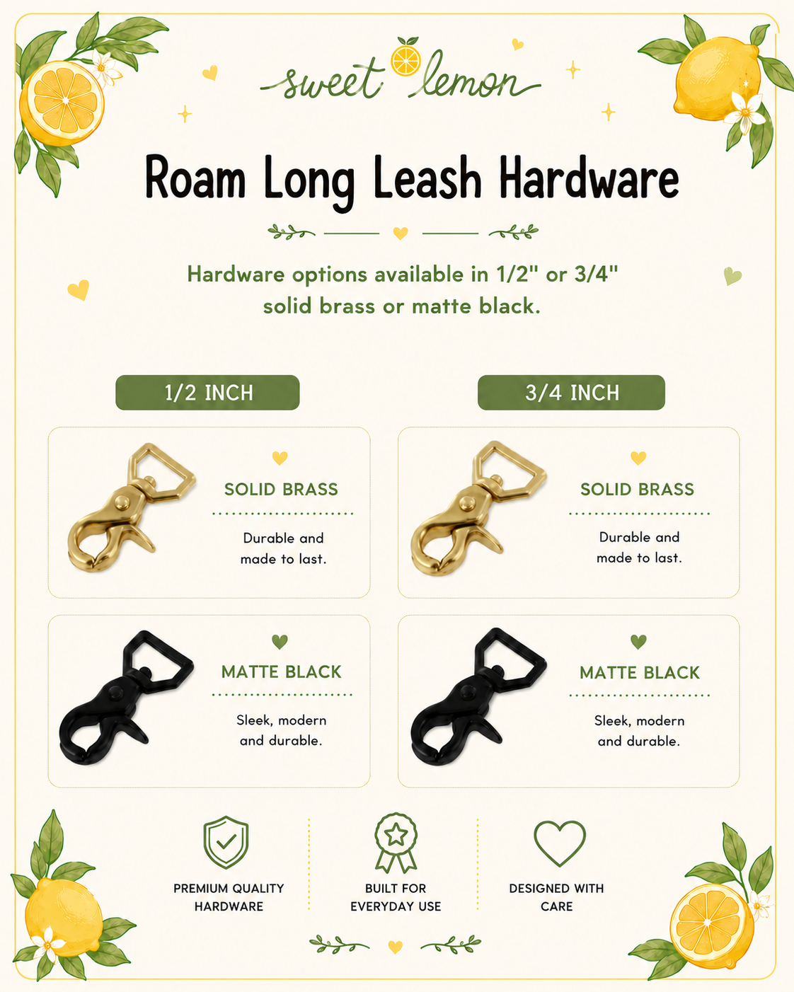 Solid brass and matte black hardware options for Sweet Lemon Design BioThane leashes