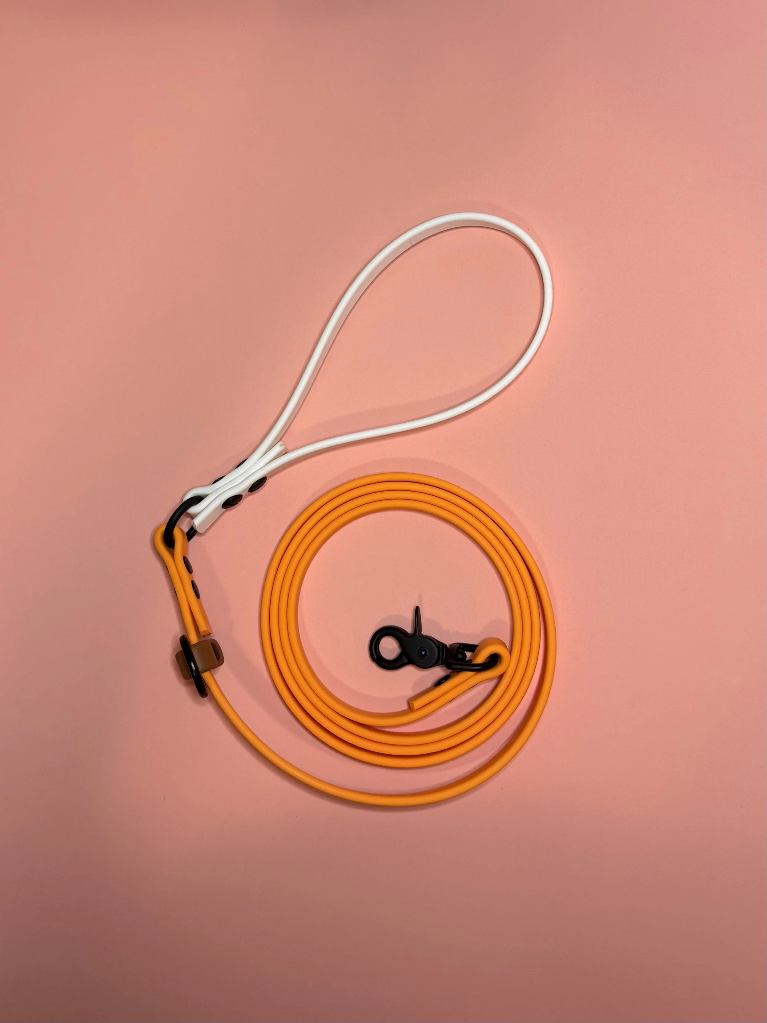 Custom dual-tone white and tangerine BioThane dog leash with matte black hardware