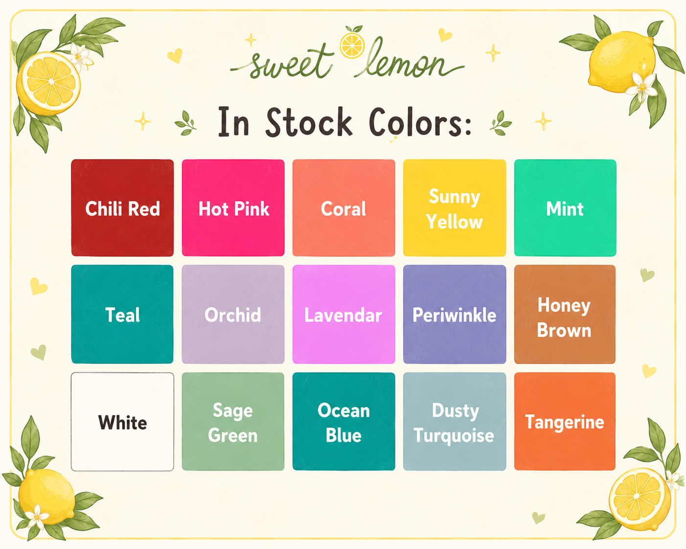 Available BioThane colors for custom dog collars and leashes for sweet lemon design