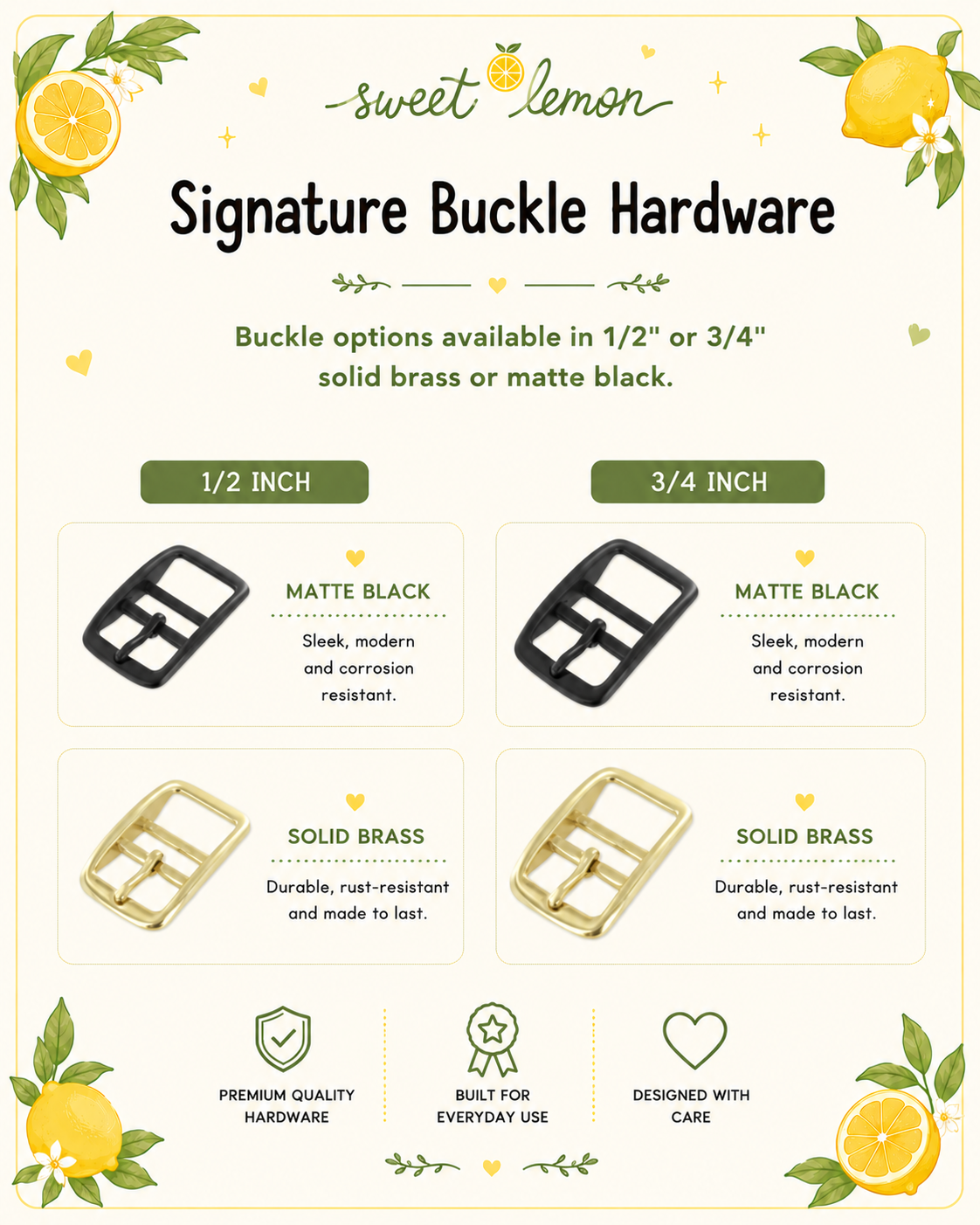 Solid brass and matte black hardware options for Sweet Lemon Design BioThane leashes