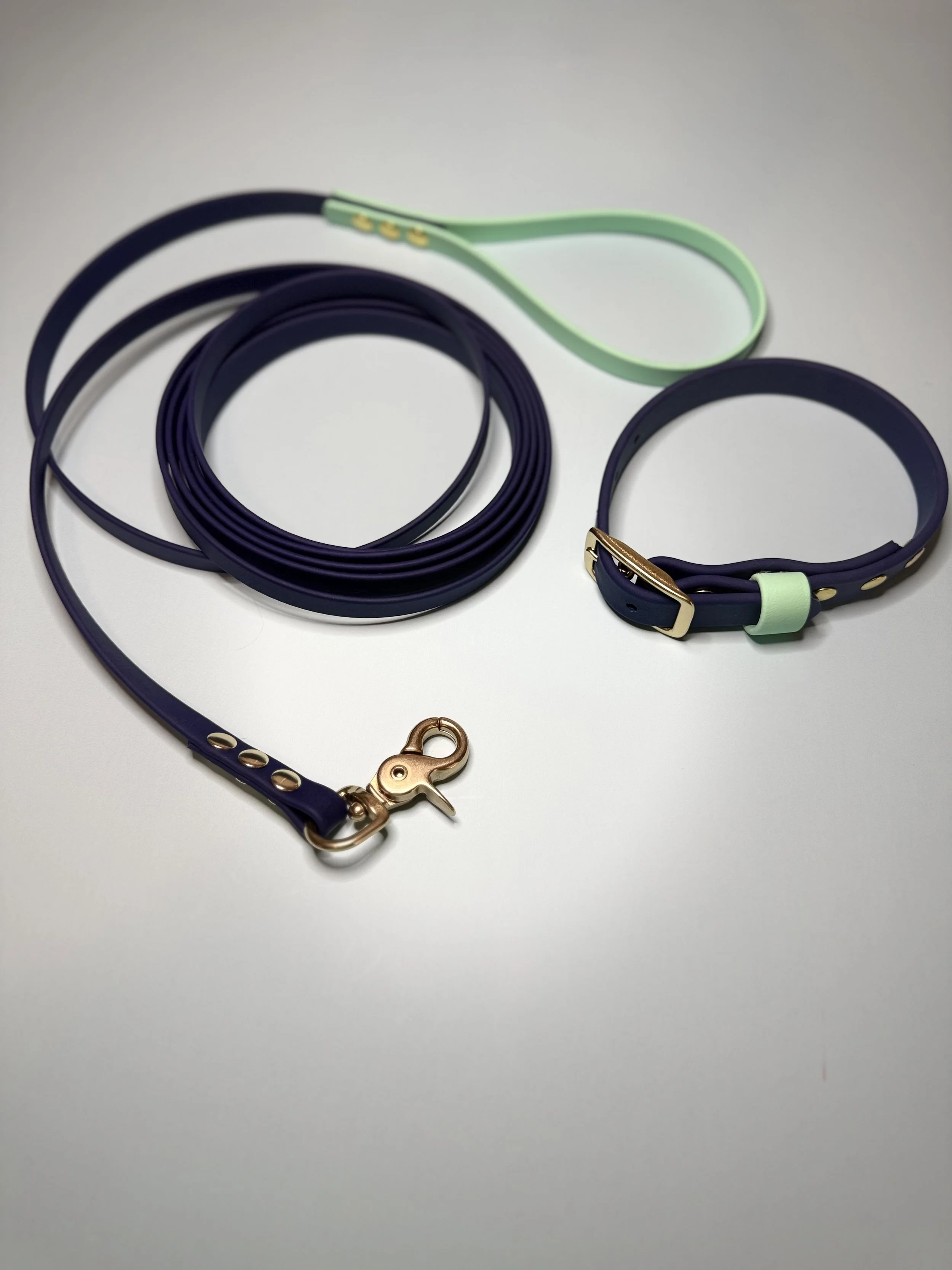 Signature Collar and Roam Long Line Set. Navy blue and Mint handle Roam Long line and Navy Collar with mint loop Biothane with solid brass-colored hardware