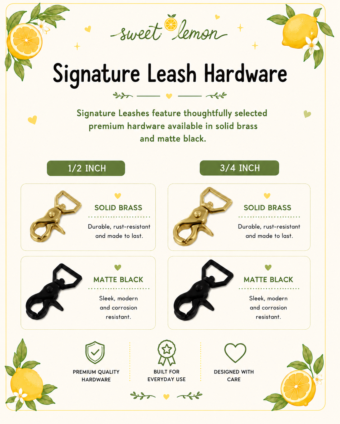 An advertisement for Sweet Lemon Signature Leash Hardware featuring dog leashes made of solid brass or matte black finishes, available in 1/2 inch and 3/4 inch sizes, with decorative lemon and floral accents.