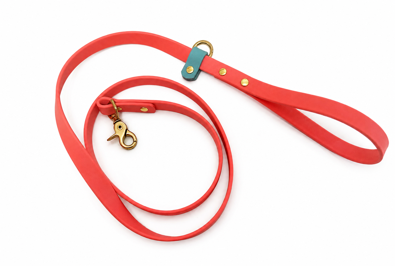 Waterproof coral pink BioThane dog leash with brass hardware