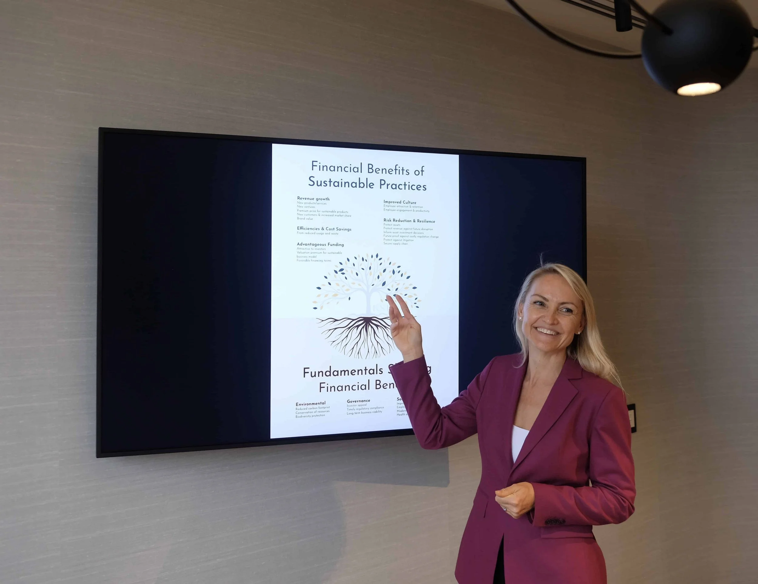 Sharon Broekhuizen standing in front of a screen showing a sustainability graphic about the financial benefits of sustainability