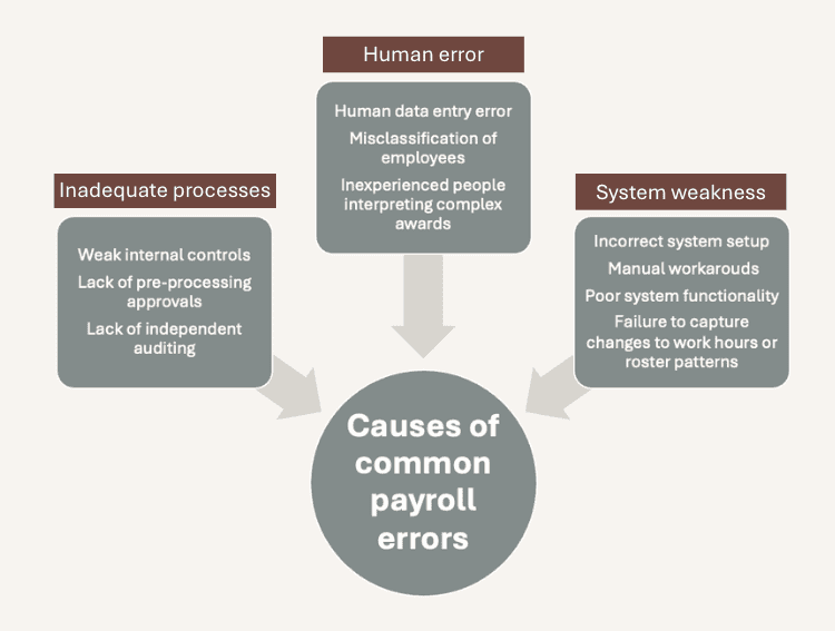 Diagram showing the causes of common payroll errors with inadequate processes, human error, and system weakness.
