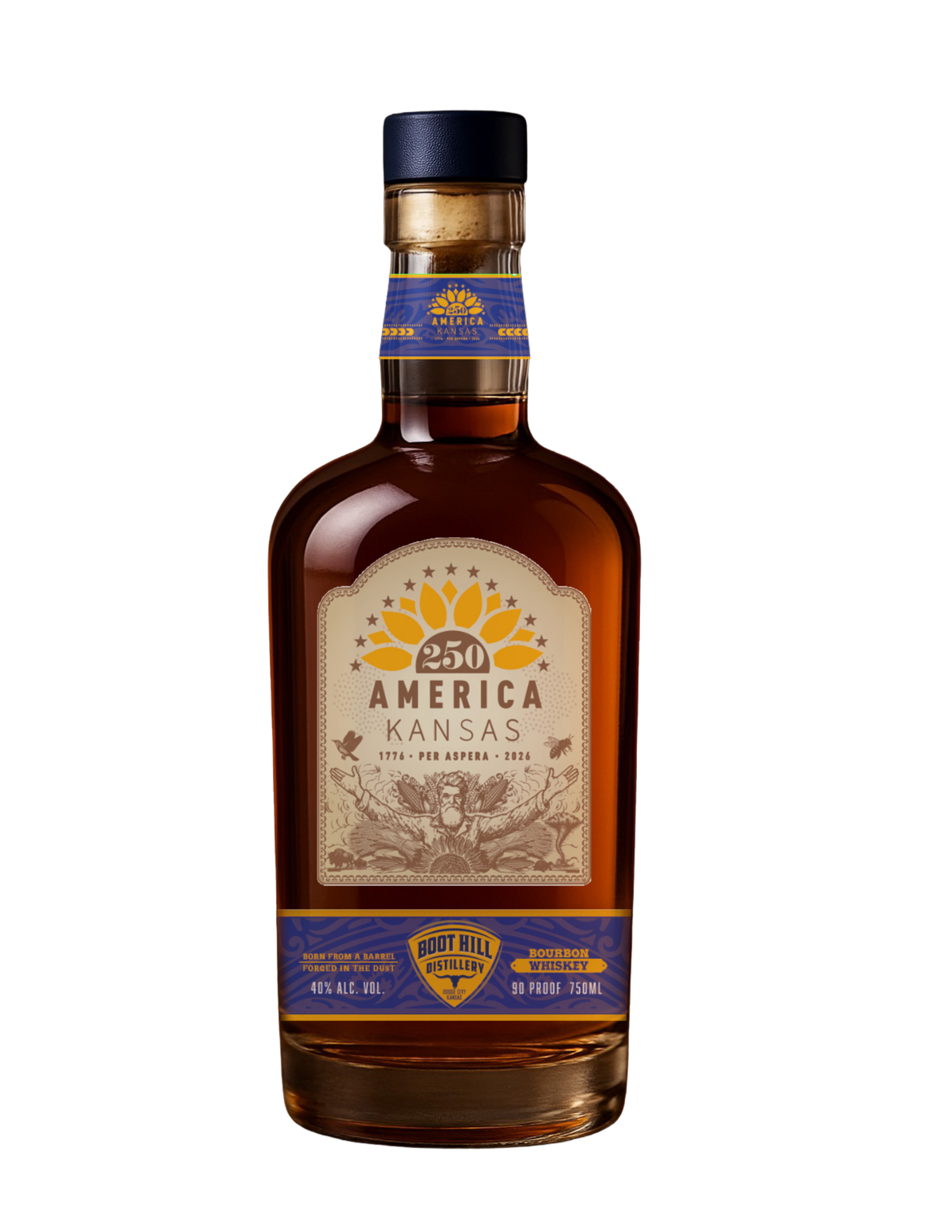 Bottle of bourbon whiskey with a label celebrating America's 250th anniversary, labeled 'America Kansas 1776-2026', premium quality, 40% alcohol, 90 proof, 750ml size.
