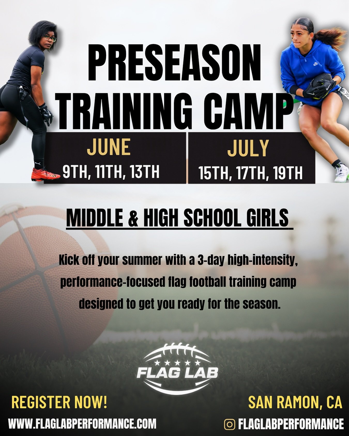 PRESEASON TRAINING CAMP THIS SUMMER‼️
Ladies🗣️Get ready for the season with our June and July Preseason Training Camp 🏈Focused on speed, agility, and flag football skill development.
Three days of high-level training designed to build confidence a