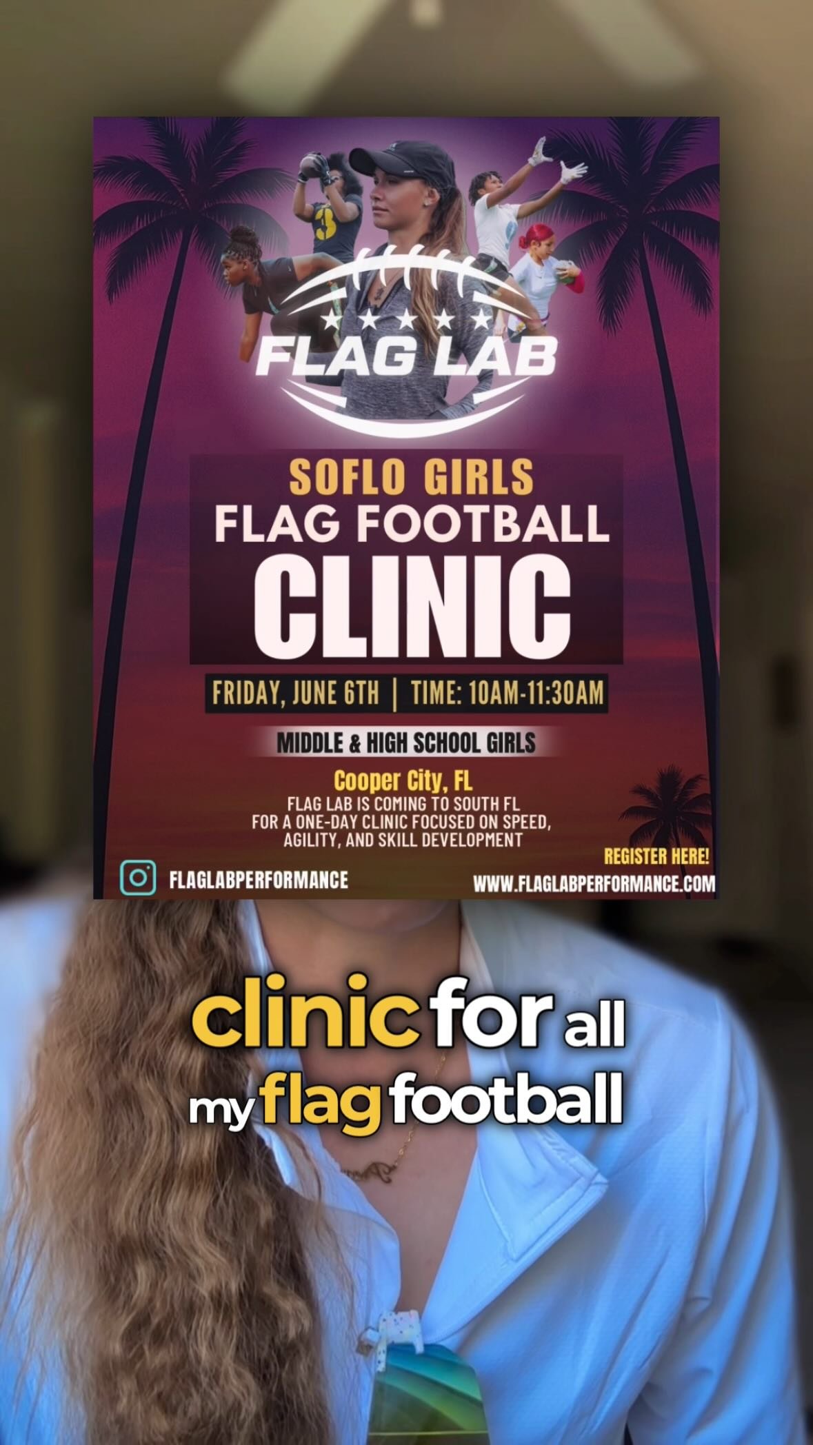 South Florida, I’m coming home! 🏈🔥
Girls Flag Football Clinic – June 6th | Cooper City
Middle & high school girls 🗣️ if you’re serious about the game, this one’s for you.
Let’s work!!
‼️Registration is still open!