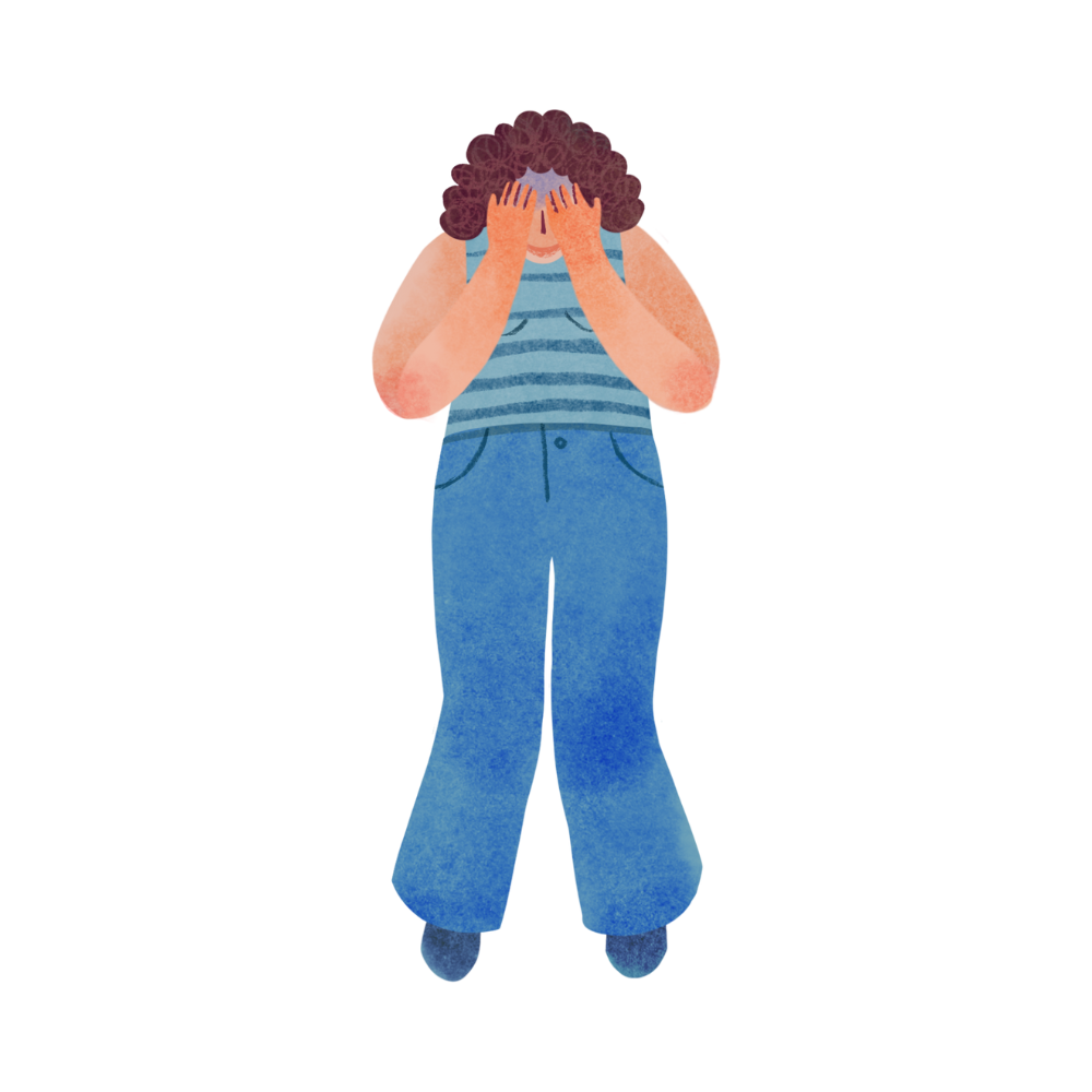 Illustration of a person with curly hair covering their face with both hands, wearing a striped shirt and blue pants.