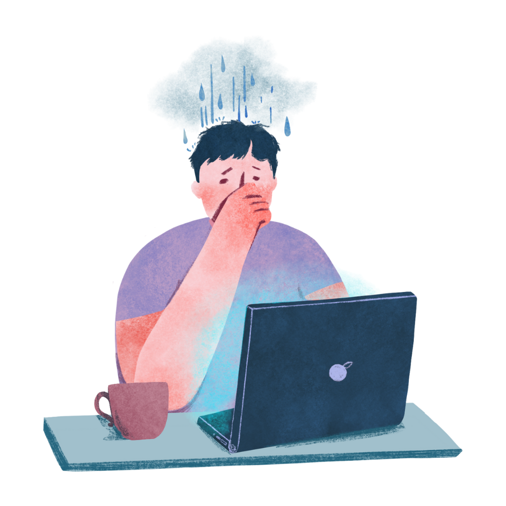 Illustration of a worried person at a laptop with a rain cloud overhead.
