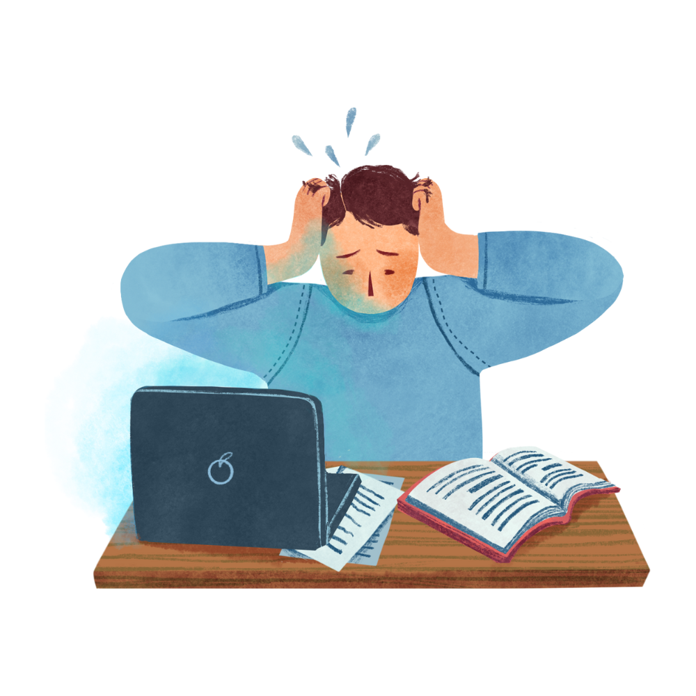 Illustration of a stressed person at a desk with a laptop and open books.