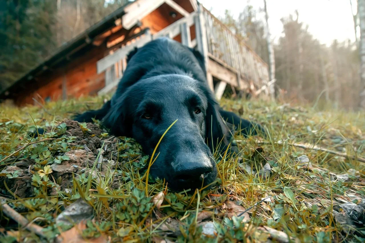 black dog laying in green grass and clovers