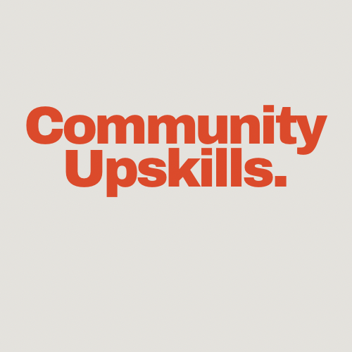 "Community Upskills." text in bold red font on a light background.