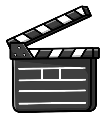 A black and white illustration of a film clapperboard with an open hinged top.