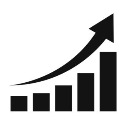 A black upward trending arrow overlaying a bar graph with increasing bars.