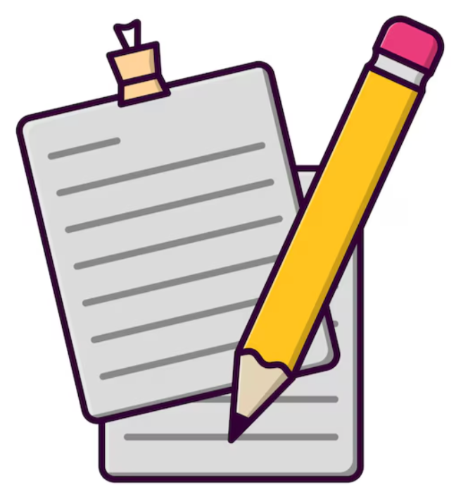 A cartoon of a yellow pencil with a pink eraser writing on a lined sheet of paper, held by a small beige clip.