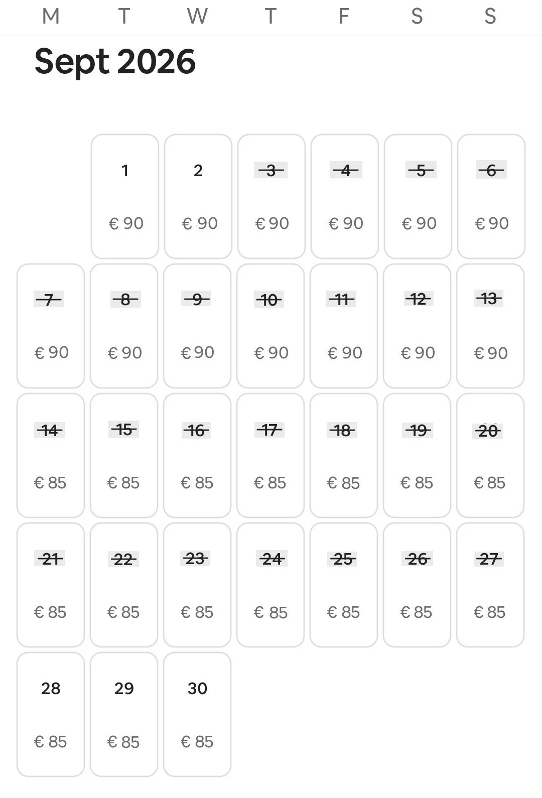 Calendar for September 2026 Sunrise Studio Afitos