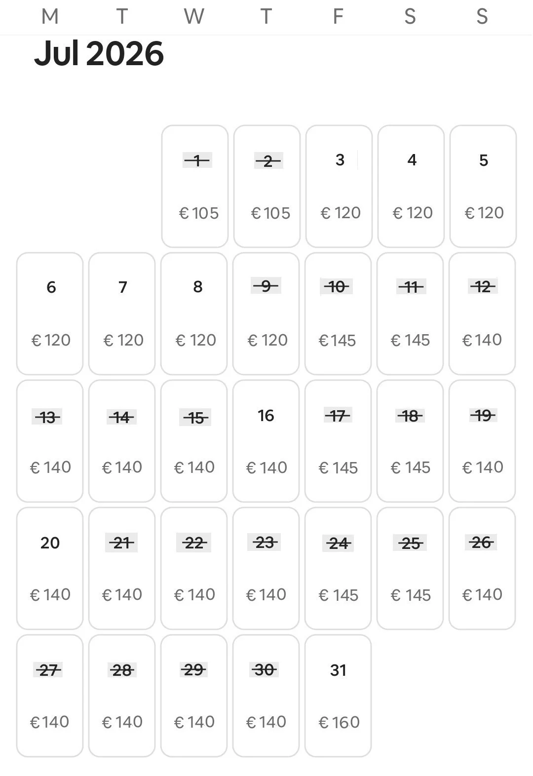 Calendar for July 2026 Sunrise Studio 2 Afitos