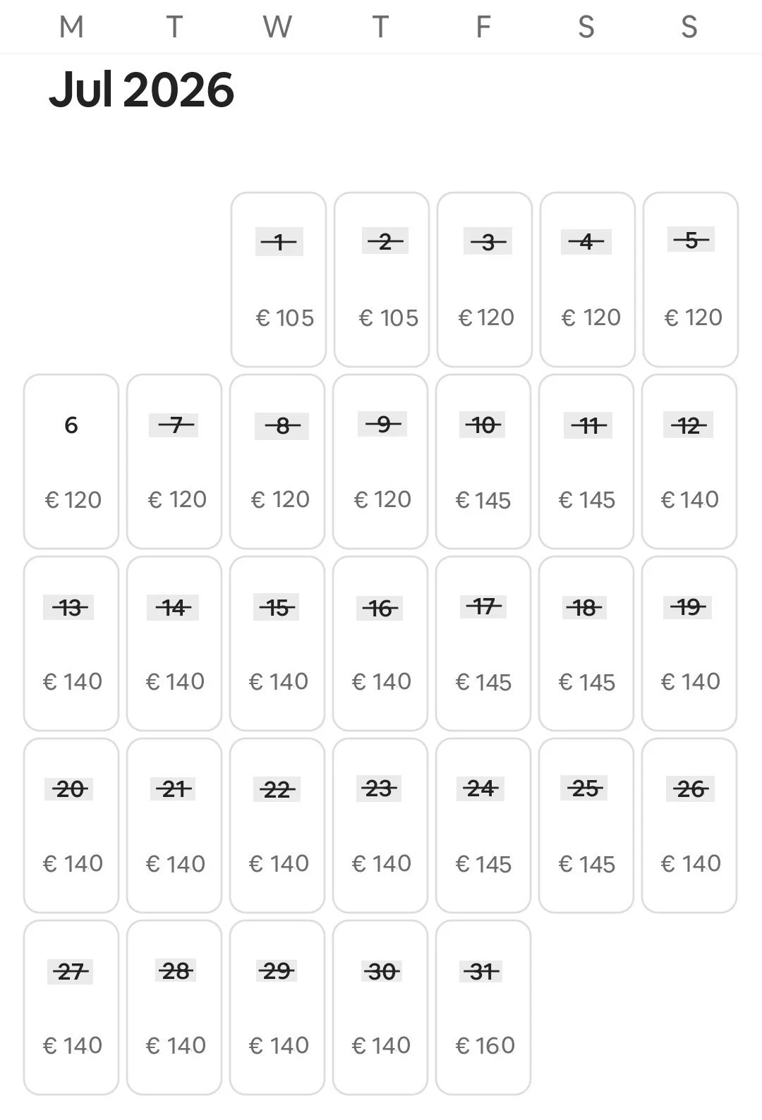 Calendar for July 2026 Sunrise Studio Afitos