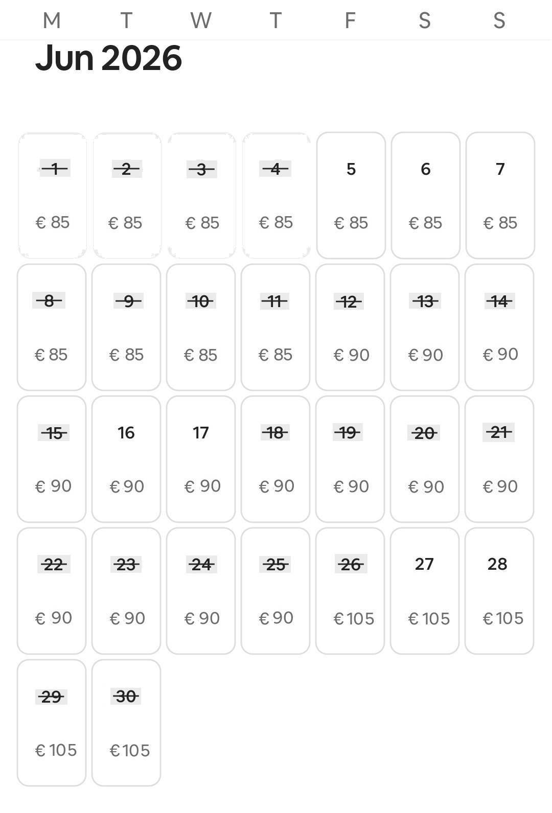 Calendar for June 2026 Sunrise Studio 2 Afitos