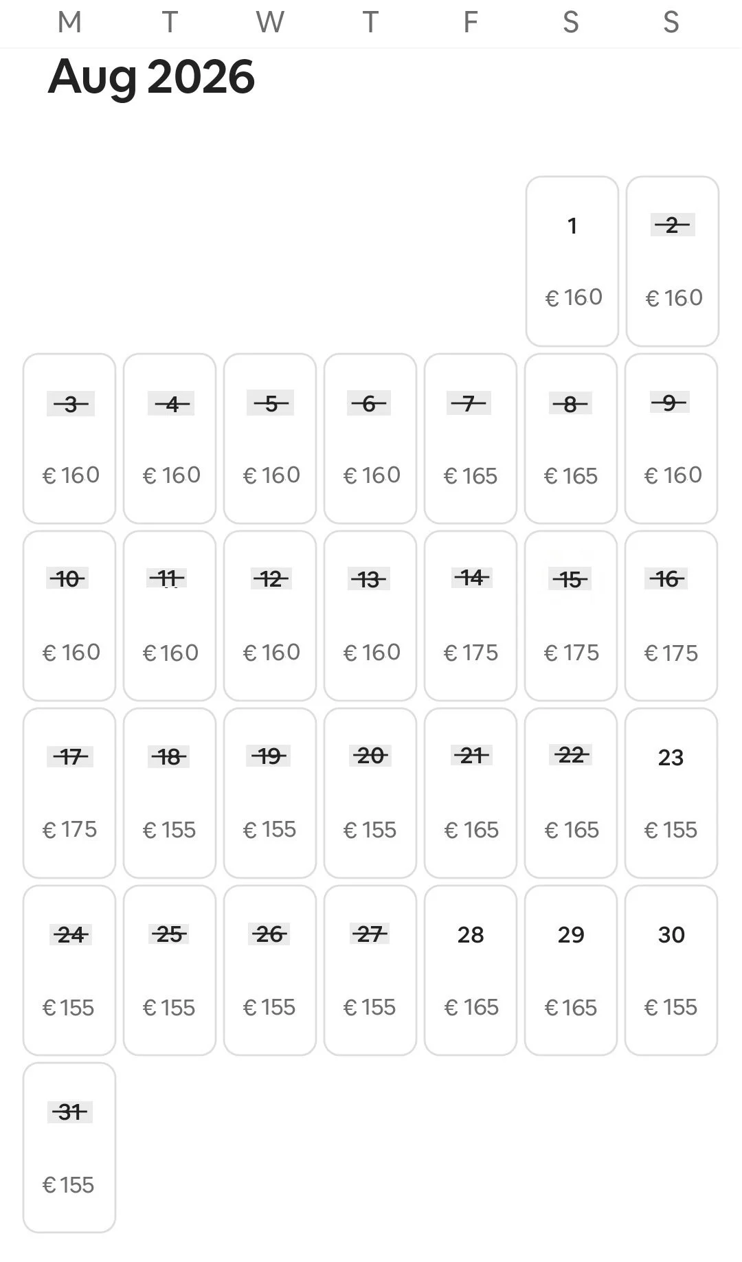 Calendar for August 2026 Sunrise Studio 2 Afitos
