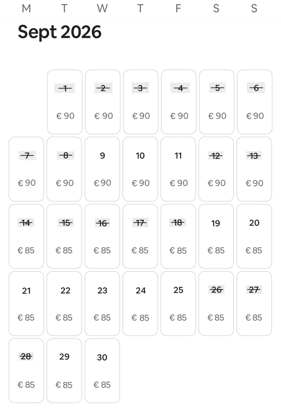 Calendar for September 2026 Sunrise Studio 2 Afitos