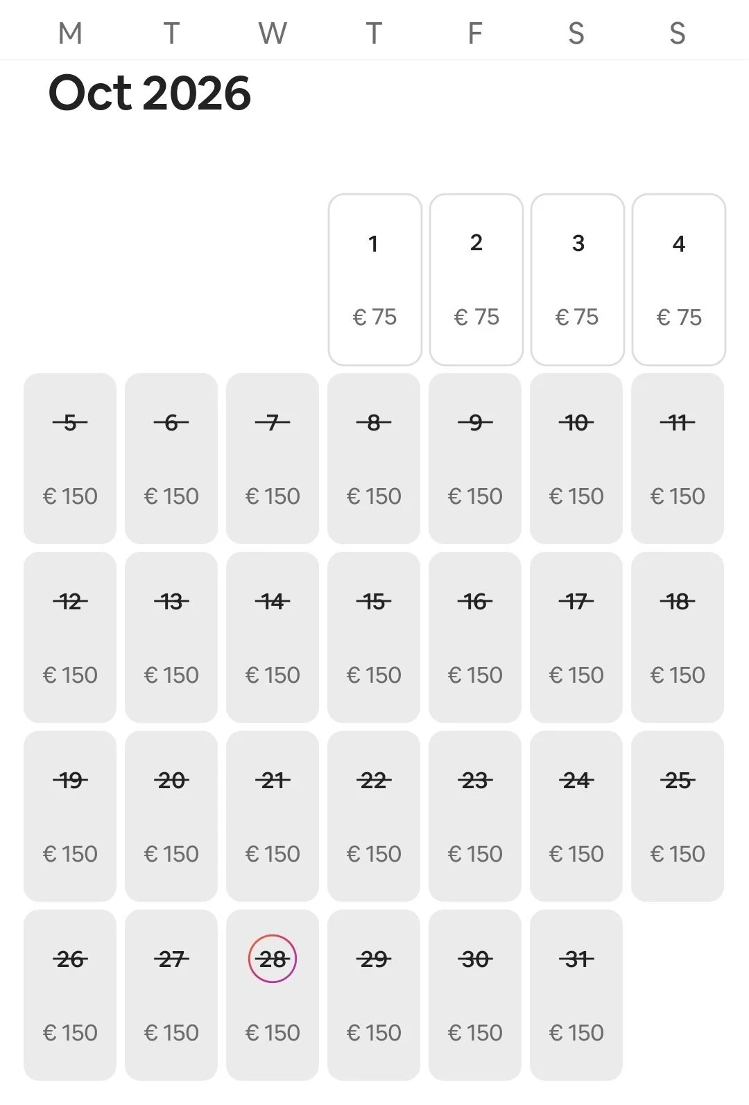 Calendar for October 2026 Sunrise Studio 2 Afitos