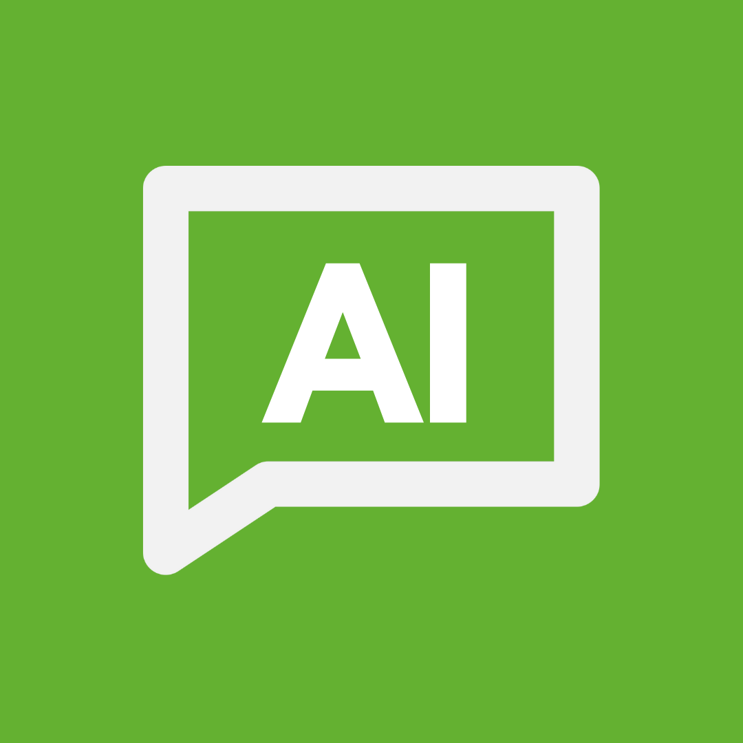 Green background with a white speech bubble containing the letters 'AI' in the center.