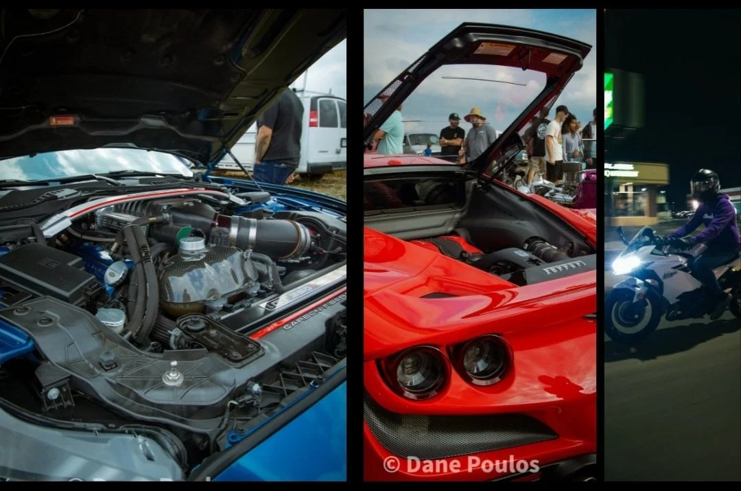 Composite image featuring three cars: the first shows a close-up of a car engine, the second is a red sports car with its hood open at a car show, the third depicts a person riding a motorcycle at night.