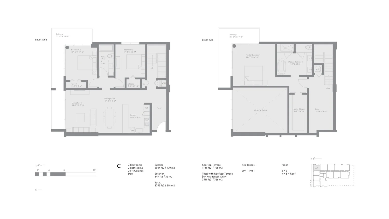Residence C — Penthouse Residences LPH 1 / PH 1 (rooftop terrace 1,141 sf, total 3,511 sf with terrace) floor plan