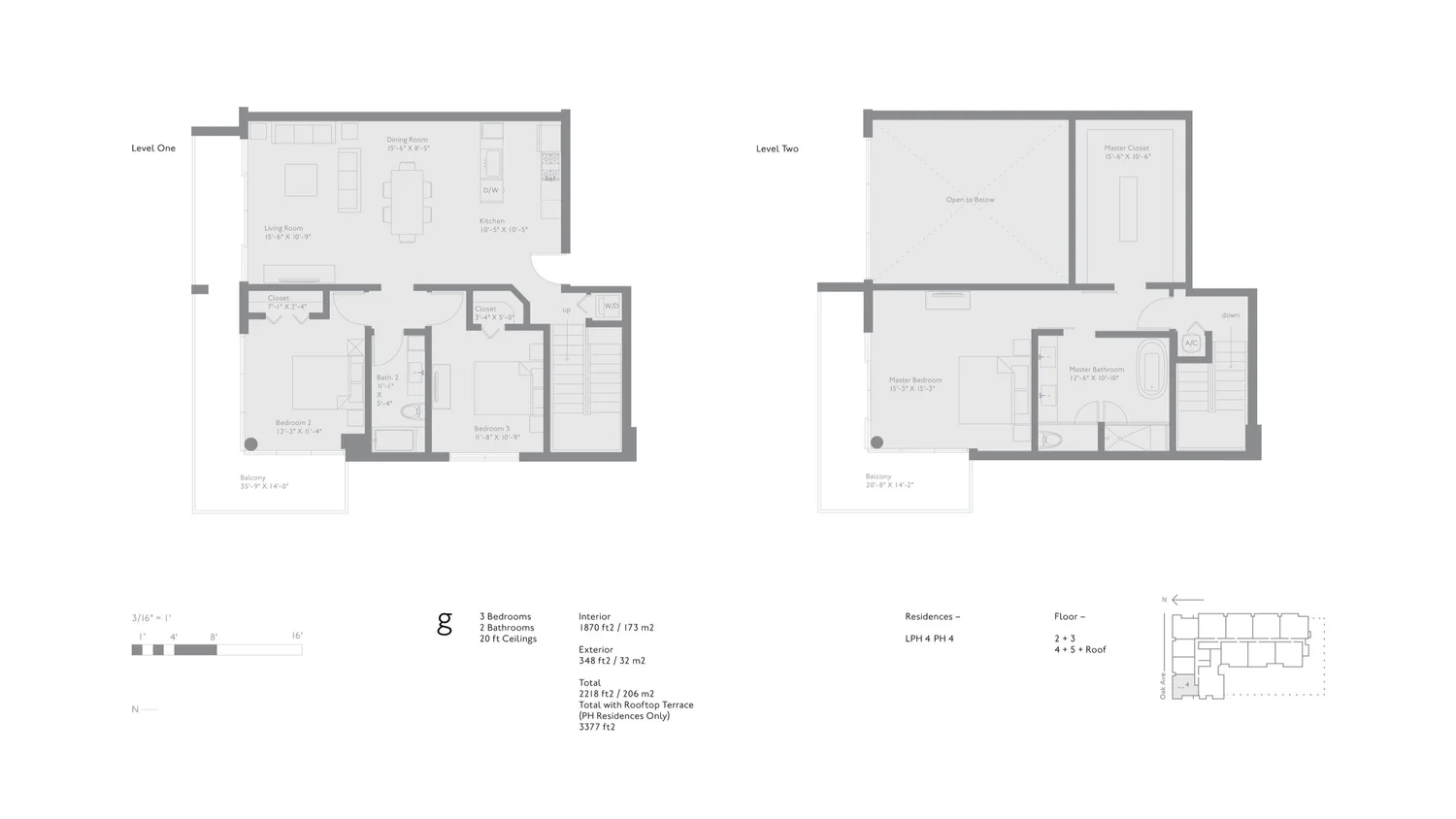 Residence G — Penthouse Residences LPH 4 / PH 4 (rooftop terrace, total 3,377 sf with terrace) floor plan