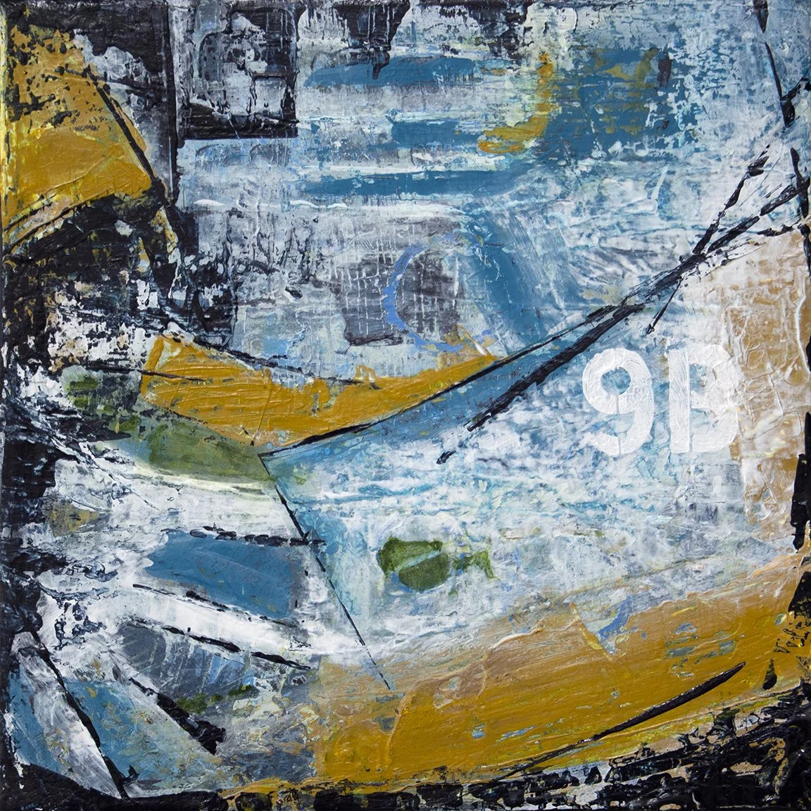 “Gate 9B.” 2025. 8x8”. Acrylic and mixed media on canvas. For Sale.
She was early for the flight and wandered the concourse, watching light skate across polished floors like a tide on rock. At Gate 9B, the world felt between places—sky-colored blues