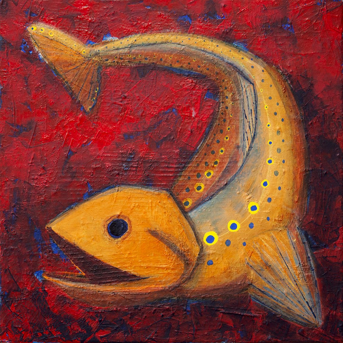 NOT FOR SALE.
"Returning." (2nd of the Rising & Returning Diptych.) 16x16”. Acrylic on Canvas. 

On display at TGO Quatsino Lodge, Vancouver Island. 

Two creatures move through a shared field of red. They are not identical, though they belong to the