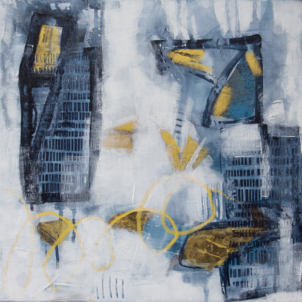 "Urban Echoes II ". 16x16”. 2025. Acrylic on canvas. 

"Urban Echoes" captures the push and pull between structure and spontaneity that defines city life. The bold, grid-like forms evoke skyscrapers or towering windows, while the sweeping yellow line