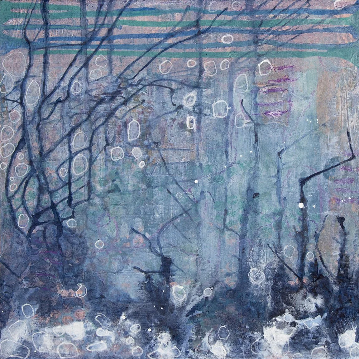 "Edge of Water" 12x12". 2026.
#1 of 3 x 12x12”. Acrylic and pastel on canvas. For Sale.

A hush lives in these paintings.
Mist rising from dark water, thin trees holding their places in soft light, the land slowly revealing itself through layers of a