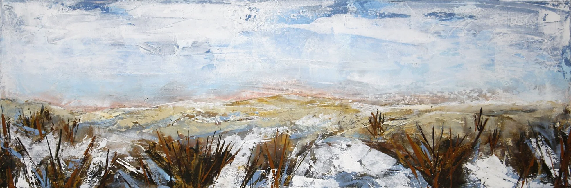 SOLD! 
"Mid Winter's Morning". 12 x 36". 2024. Acrylic and mixed media on canvas. 