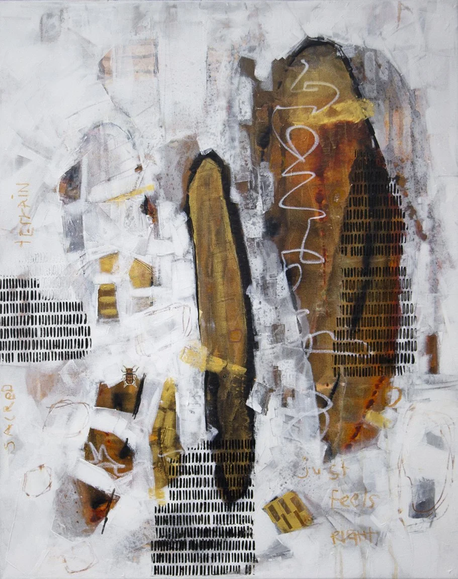 SOLD!
“Sacred Terrain”. 20x30”. 2025. Acrylic & mixed media on canvas  

"Sacred Terrain" invites the viewer to pause and connect with the quiet wisdom of the earth. Layers of warm ochre, gold, and textured white evoke the feeling of ancient ground—w