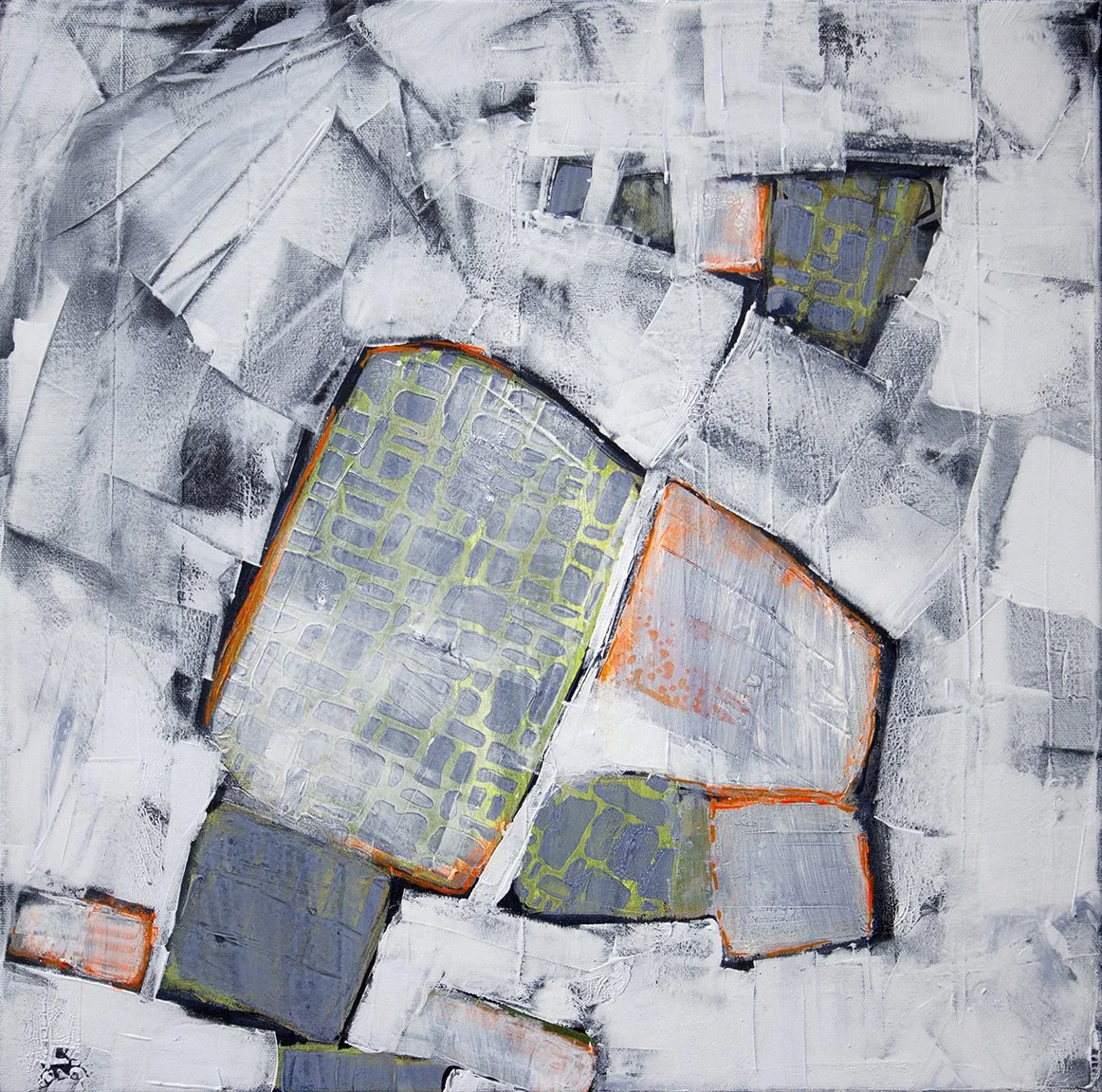 "Fragments I". 16x16". 2025. Acrylic and mixed media on canvas. 

Fragments I & II are abstract works rooted in transformation. Their textured base layers are made from filtered, reused paint solids—leftovers from cleaning brushes in the studio. Inst