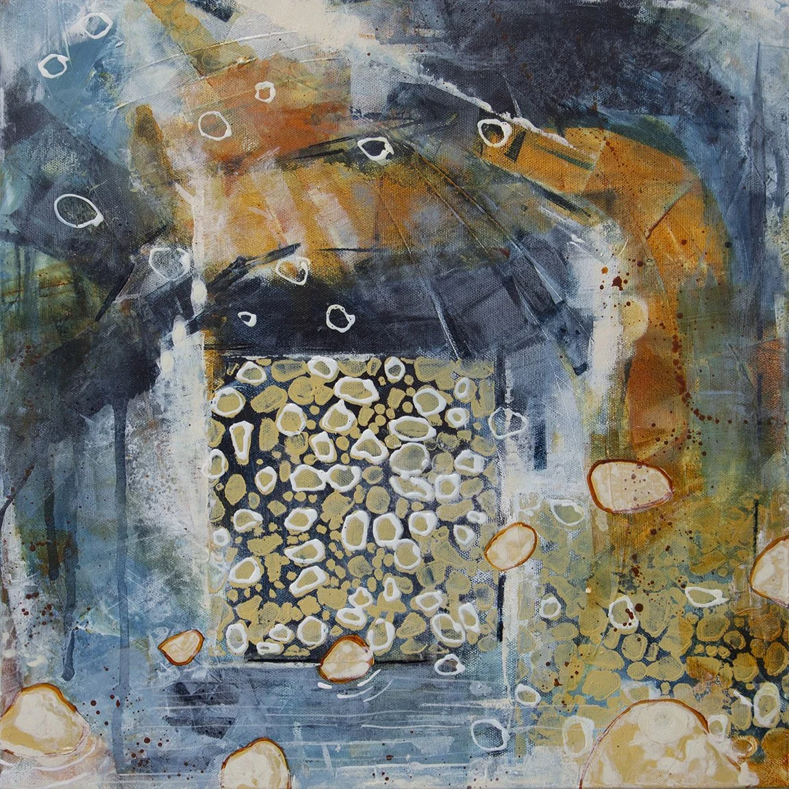 SOLD! 
“Echoes of Stillness.” 20x20". 2025. Acrylic and mixed media on canvas.

This piece captures the quiet resonance found in nature’s most peaceful moments. The sweeping, concentric textures evoke the gentle ripple of water disturbed by a single 