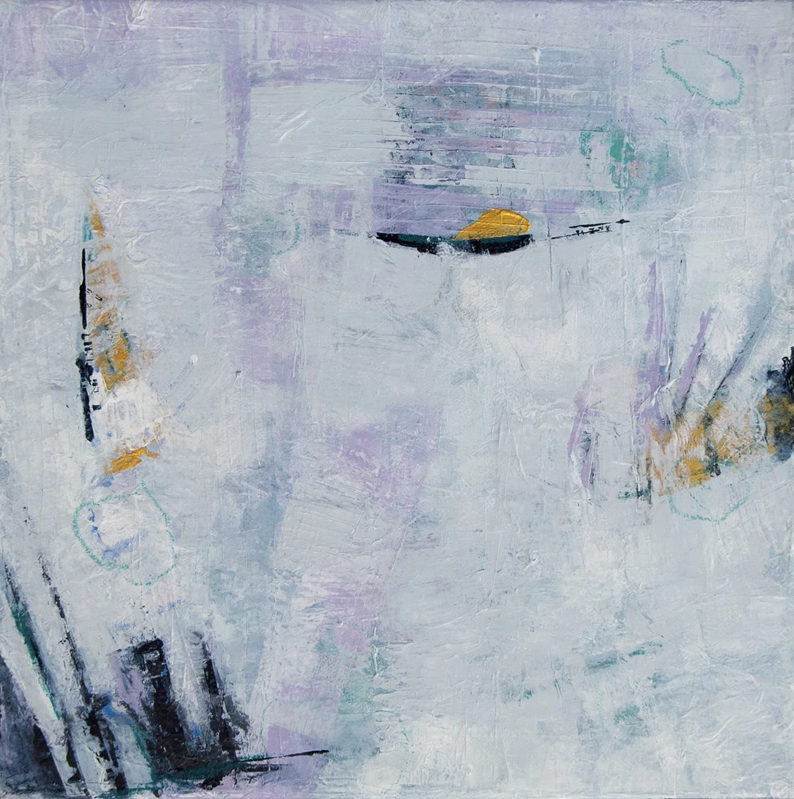 “Quiet Arrival”. 2025. 12 x 12”. Acrylic and mixed media on canvas.
 
This painting is about the gentle anticipation that comes just before something new begins. Soft layers of lavender, white, and hints of green create a peaceful, open space, while 