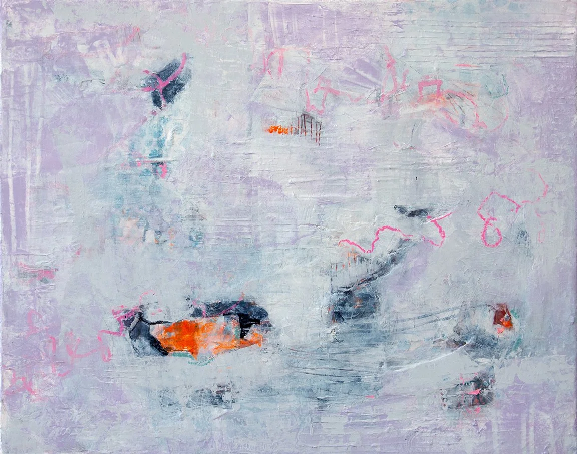 SOLD!
“Whispers of Renewal.” 2025. 16x20” Acrylic on repurposed canvas.
 
Soft washes of lavender and blue drift across the canvas, with bursts of vibrant orange and playful pink peeking through. This painting is inspired by those first wildflowers t