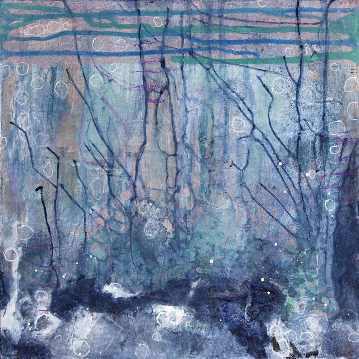 "Soft Clearing" 12x12". 2026.
#3 of 3 x 12x12”. Acrylic and pastel on canvas. For Sale.

A hush lives in these paintings.
Mist rising from dark water, thin trees holding their places in soft light, the land slowly revealing itself through layers of a