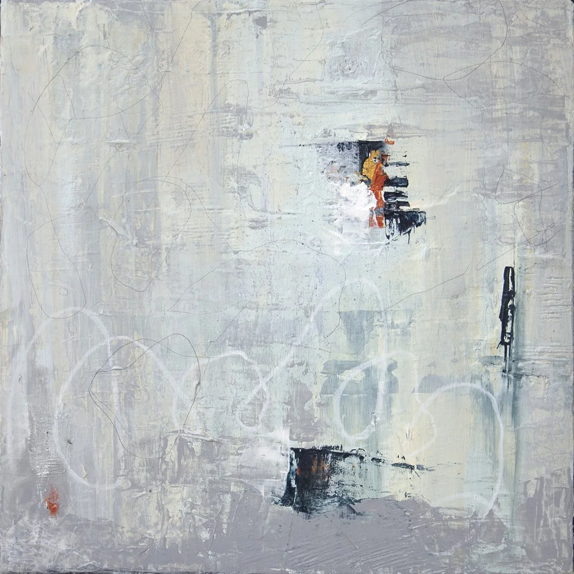 “Breath on the Window”. 2025. 12x12”. Acrylic and mixed media on canvas.
 
Winter keeps the room hushed. The pane holds the memory of every exhale—soft fog, fingertip traces, a brief cartography of warmth that fades back into light. In the pale field