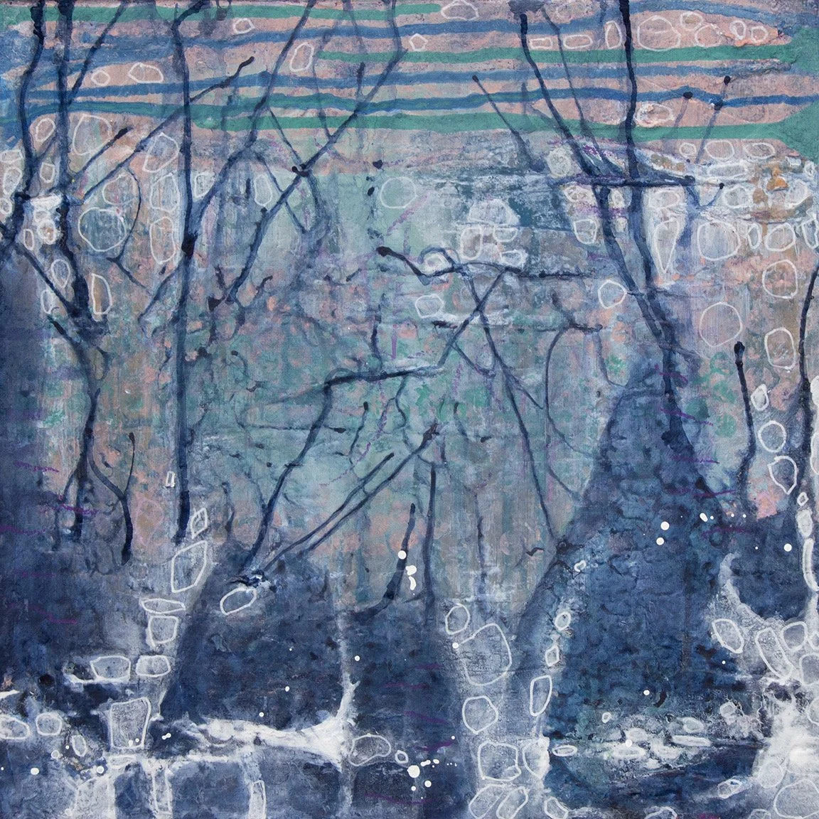 "Between Trees" 12x12". 2026.
#2 of 3 x 12x12”. Acrylic and pastel on canvas. For Sale.

A hush lives in these paintings.
Mist rising from dark water, thin trees holding their places in soft light, the land slowly revealing itself through layers of a