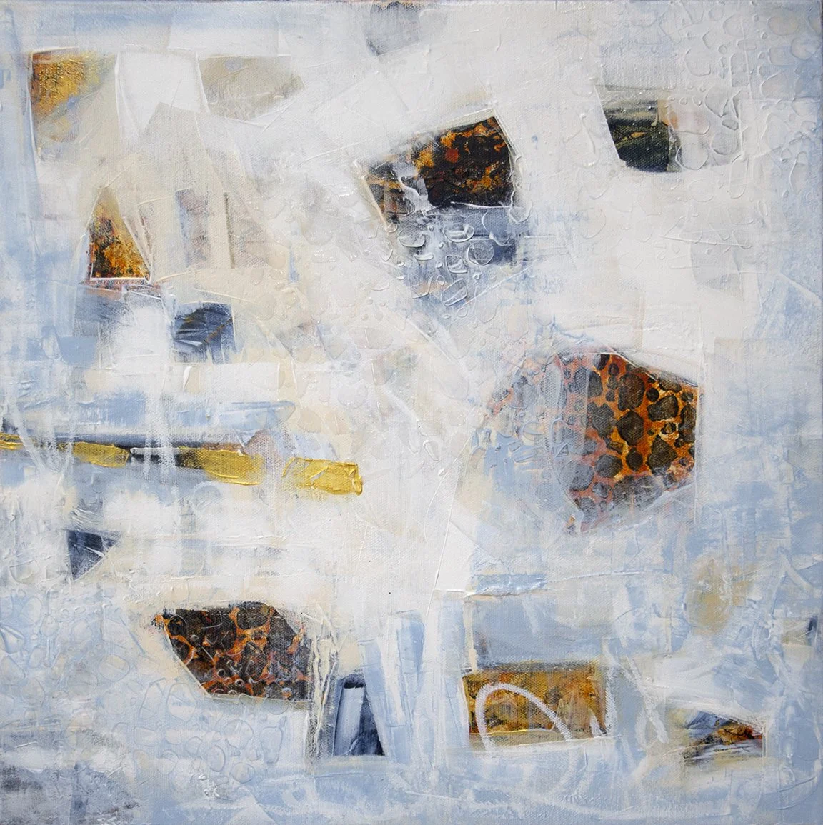 SOLD! 
"Ripples and Stones I”.  16x16”. 2025. Acrylic on canvas. 

In the quiet of early morning, before the world stirs, there’s a hush that settles over water and land. “Ripples and Stones I & II” are inspired by those moments—a gentle meditation o