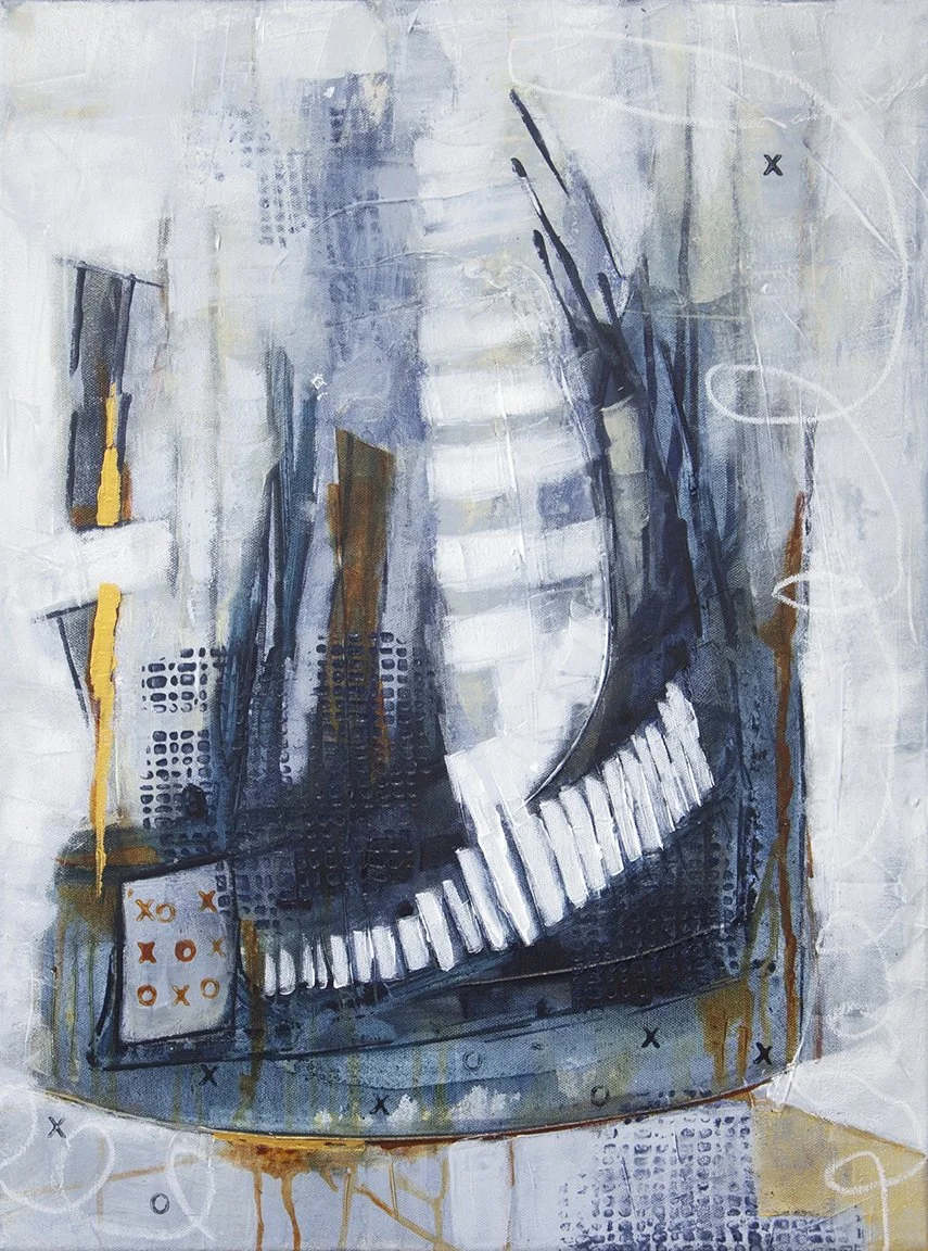 "Frosted Passage". 18x24”. 2025". Acrylic and mixed media on canvas. 

In the quiet hush of winter, pathways emerge where certainty once faded. This piece captures the gentle crossing from known to unknown, where each layered brushstroke echoes the s