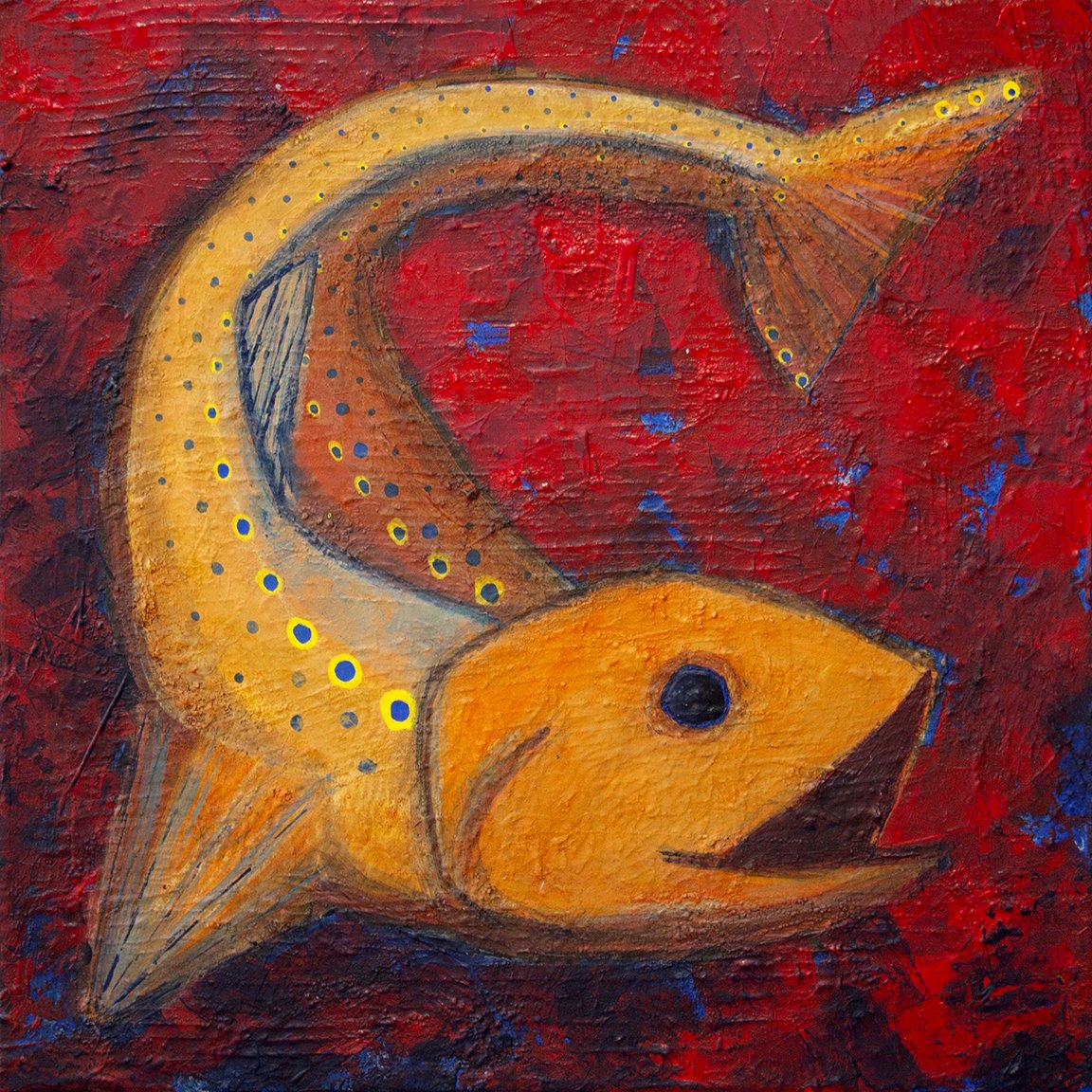 NOT FOR SALE.
"Rising." (1st of the Rising & Returning Diptych.) 16x16”. Acrylic on Canvas. 

On display at TGO Quatsino Lodge, Vancouver Island. 

Two creatures move through a shared field of red. They are not identical, though they belong to the sa