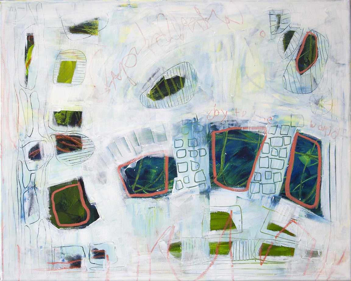 "Joy to the World". 20 x 30". 2025. Acrylic and mixed media on canvas.

"Joy to the World" was created as a celebration of hope and renewal during the quiet of winter in Alberta. Its abstract shapes and layered greens and blues capture the feeling of